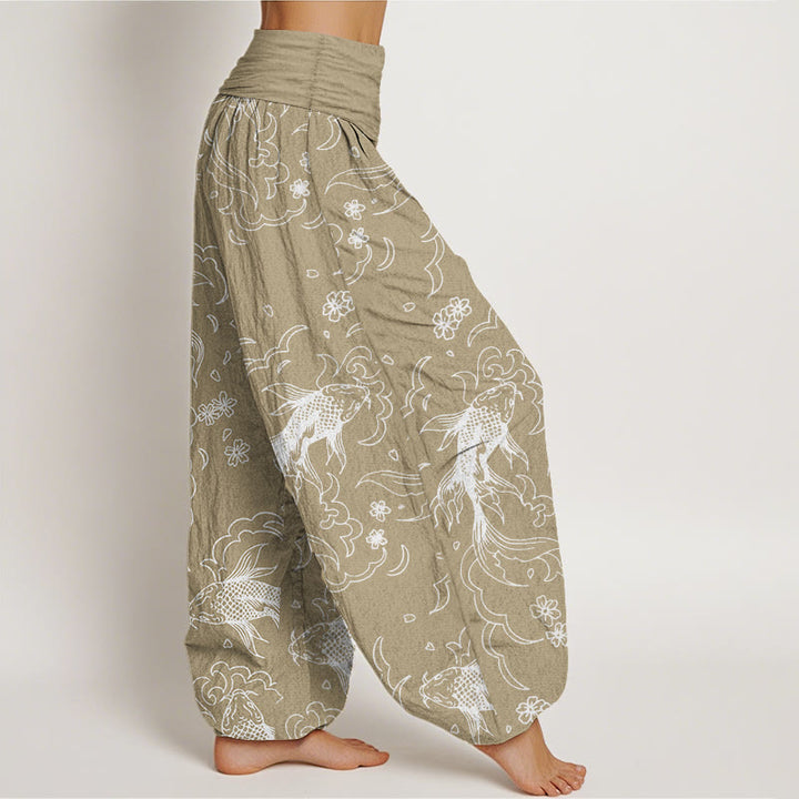 Pantalones Buddha Stones de algodón puro con estampado de peces koi y pétalos para mujer, informales, con cintura elástica