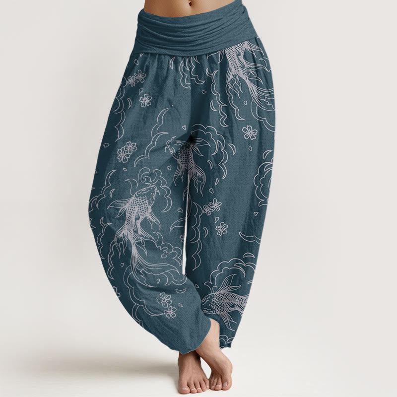 Pantalones Buddha Stones de algodón puro con estampado de peces koi y pétalos para mujer, informales, con cintura elástica