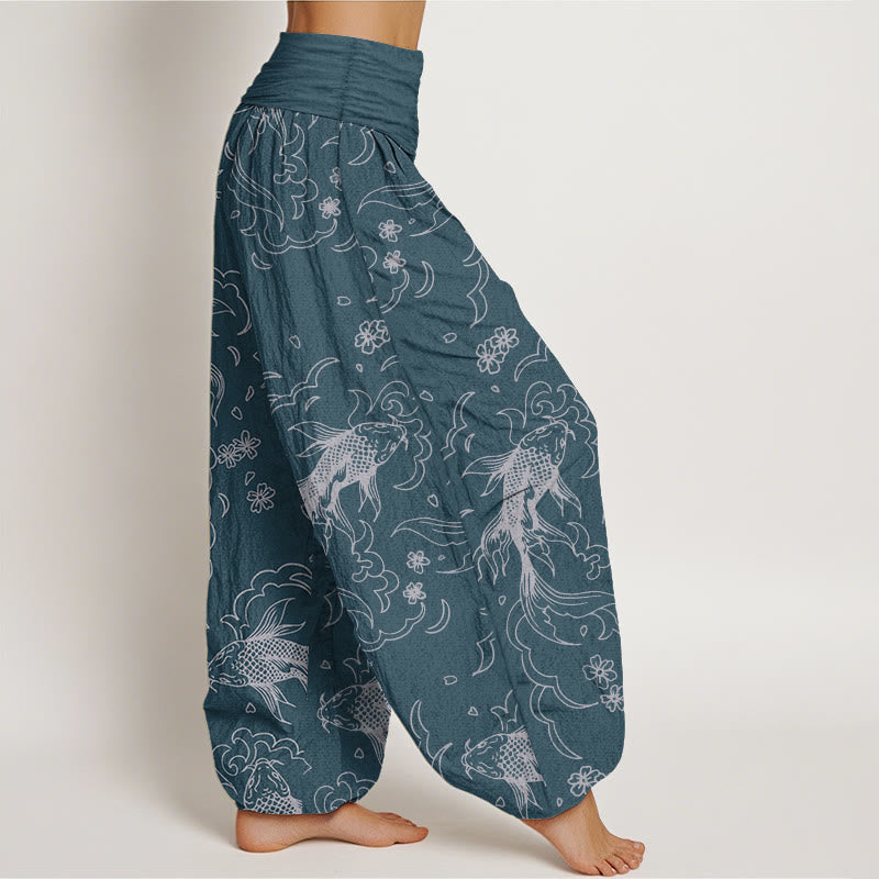 Pantalones Buddha Stones de algodón puro con estampado de peces koi y pétalos para mujer, informales, con cintura elástica