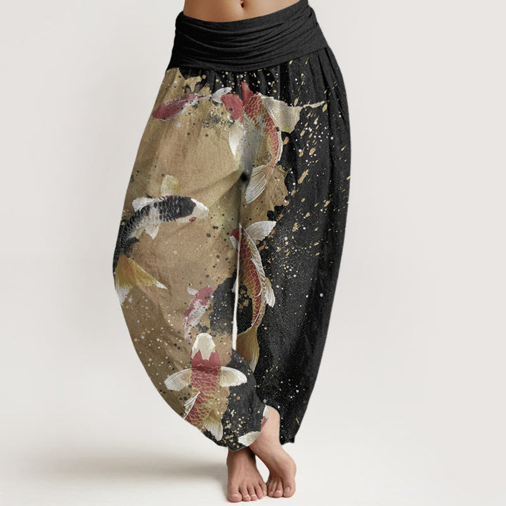 Pantalones Buddha Stones de algodón puro con estampado de peces koi y tinta dorada para mujer, estilo casual, con cintura elástica