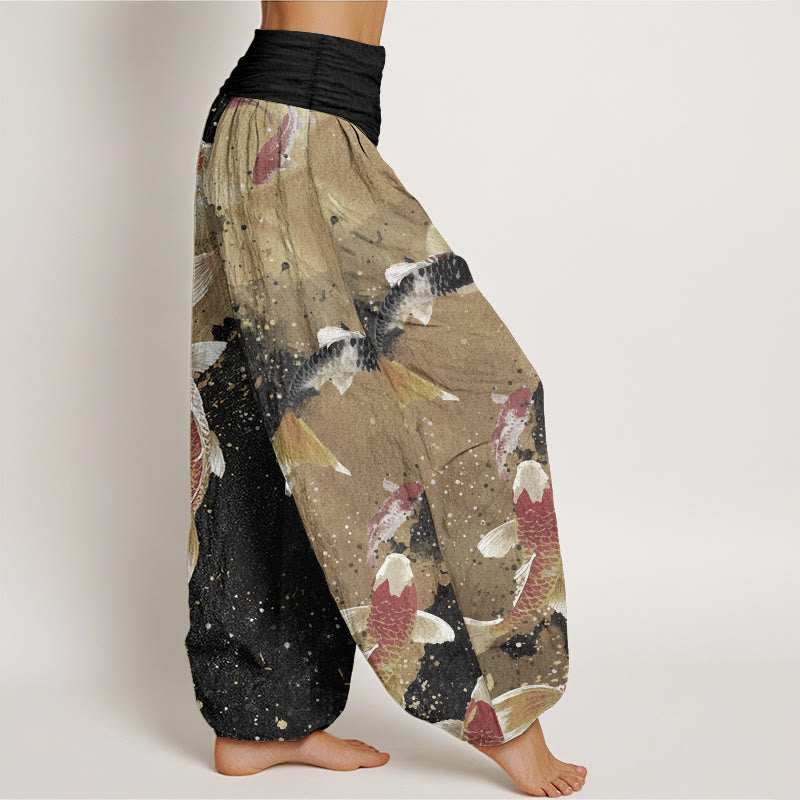 Pantalones Buddha Stones de algodón puro con estampado de peces koi y tinta dorada para mujer, estilo casual, con cintura elástica
