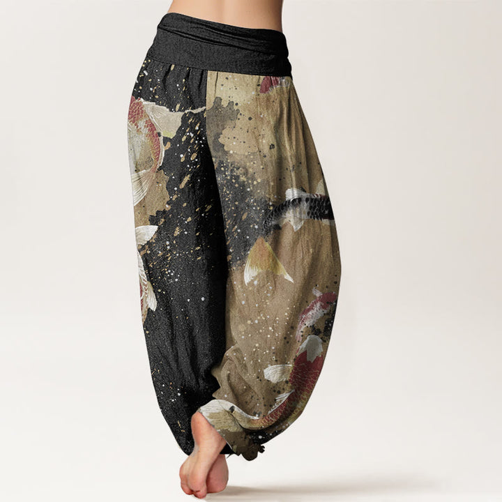 Pantalones Buddha Stones de algodón puro con estampado de peces koi y tinta dorada para mujer, estilo casual, con cintura elástica