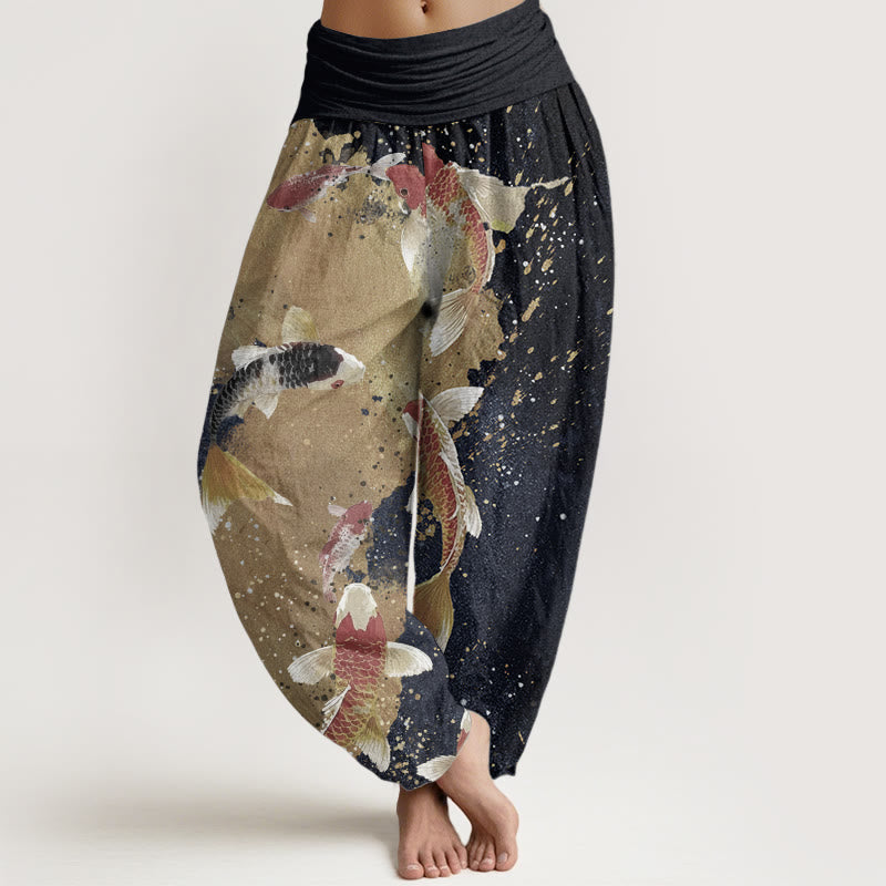 Pantalones Buddha Stones de algodón puro con estampado de peces koi y tinta dorada para mujer, estilo casual, con cintura elástica