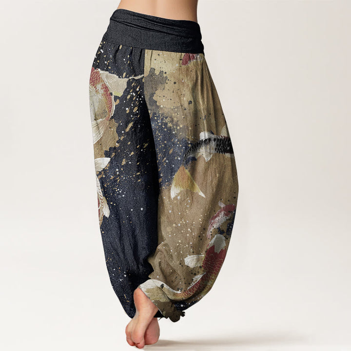 Pantalones Buddha Stones de algodón puro con estampado de peces koi y tinta dorada para mujer, estilo casual, con cintura elástica