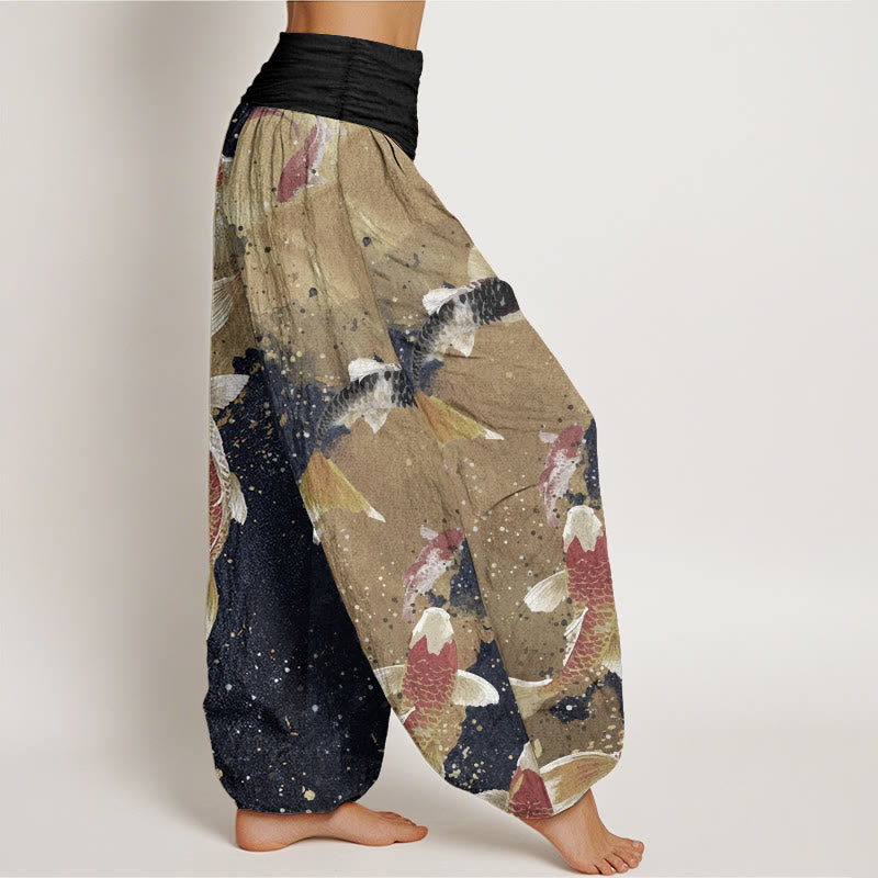 Pantalones Buddha Stones de algodón puro con estampado de peces koi y tinta dorada para mujer, estilo casual, con cintura elástica