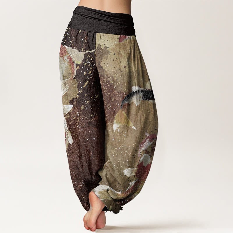 Pantalones Buddha Stones de algodón puro con estampado de peces koi y tinta dorada para mujer, estilo casual, con cintura elástica