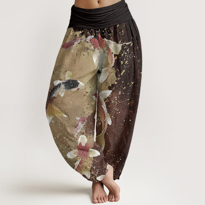 Pantalones Buddha Stones de algodón puro con estampado de peces koi y tinta dorada para mujer, estilo casual, con cintura elástica
