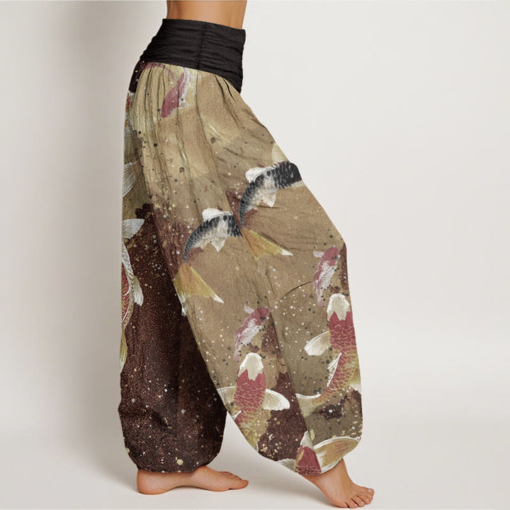 Pantalones Buddha Stones de algodón puro con estampado de peces koi y tinta dorada para mujer, estilo casual, con cintura elástica