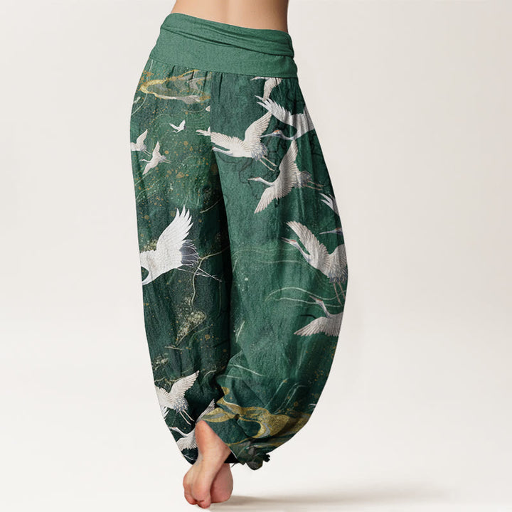 Pantalones Buddha Stones de algodón puro con diseño de grullas blancas voladoras y nubes auspiciosas para mujer, con cintura elástica