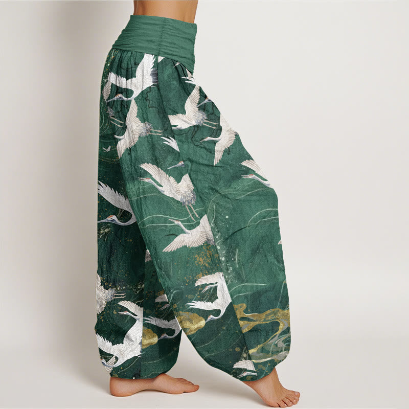 Pantalones Buddha Stones de algodón puro con diseño de grullas blancas voladoras y nubes auspiciosas para mujer, con cintura elástica