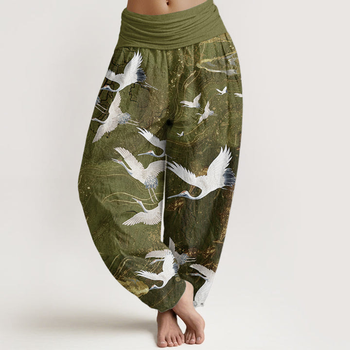 Pantalones Buddha Stones de algodón puro con diseño de grullas blancas voladoras y nubes auspiciosas para mujer, con cintura elástica