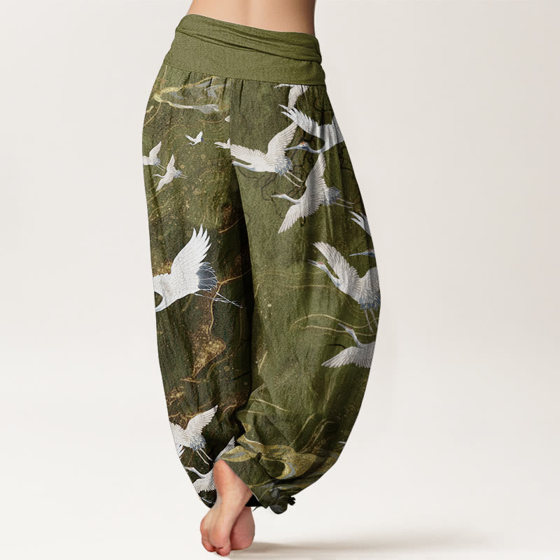 Pantalones Buddha Stones de algodón puro con diseño de grullas blancas voladoras y nubes auspiciosas para mujer, con cintura elástica