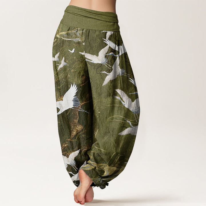 Pantalones Buddha Stones de algodón puro con diseño de grullas blancas voladoras y nubes auspiciosas para mujer, con cintura elástica