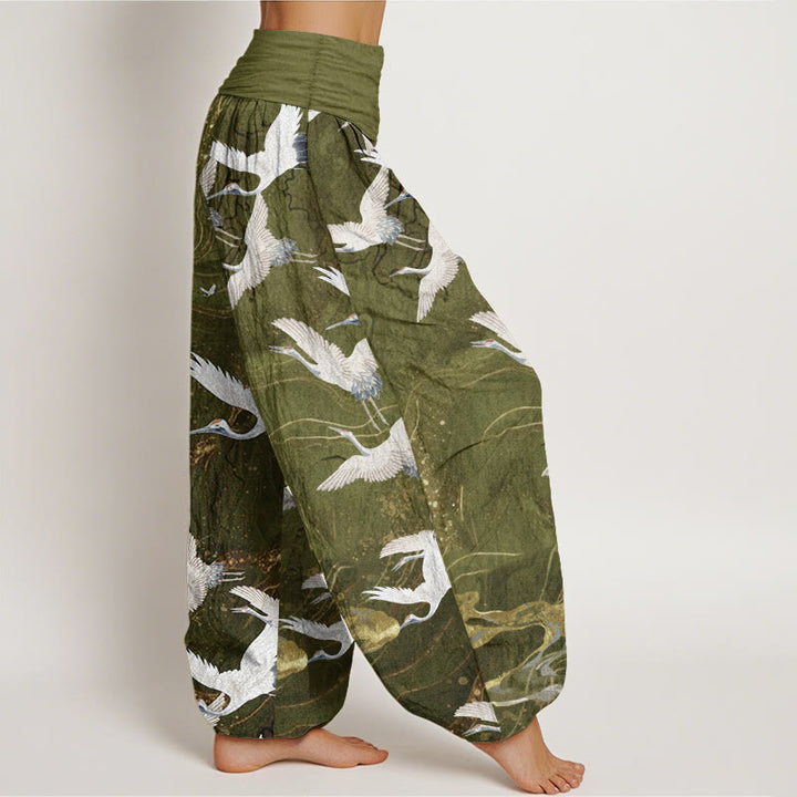 Pantalones Buddha Stones de algodón puro con diseño de grullas blancas voladoras y nubes auspiciosas para mujer, con cintura elástica
