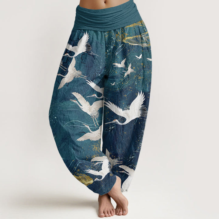 Pantalones Buddha Stones de algodón puro con diseño de grullas blancas voladoras y nubes auspiciosas para mujer, con cintura elástica