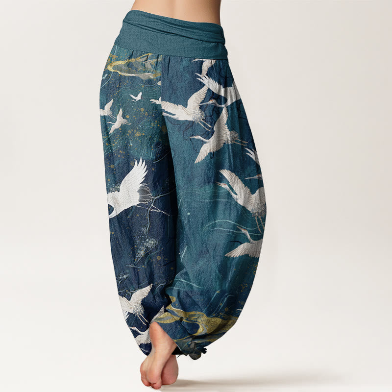 Pantalones Buddha Stones de algodón puro con diseño de grullas blancas voladoras y nubes auspiciosas para mujer, con cintura elástica