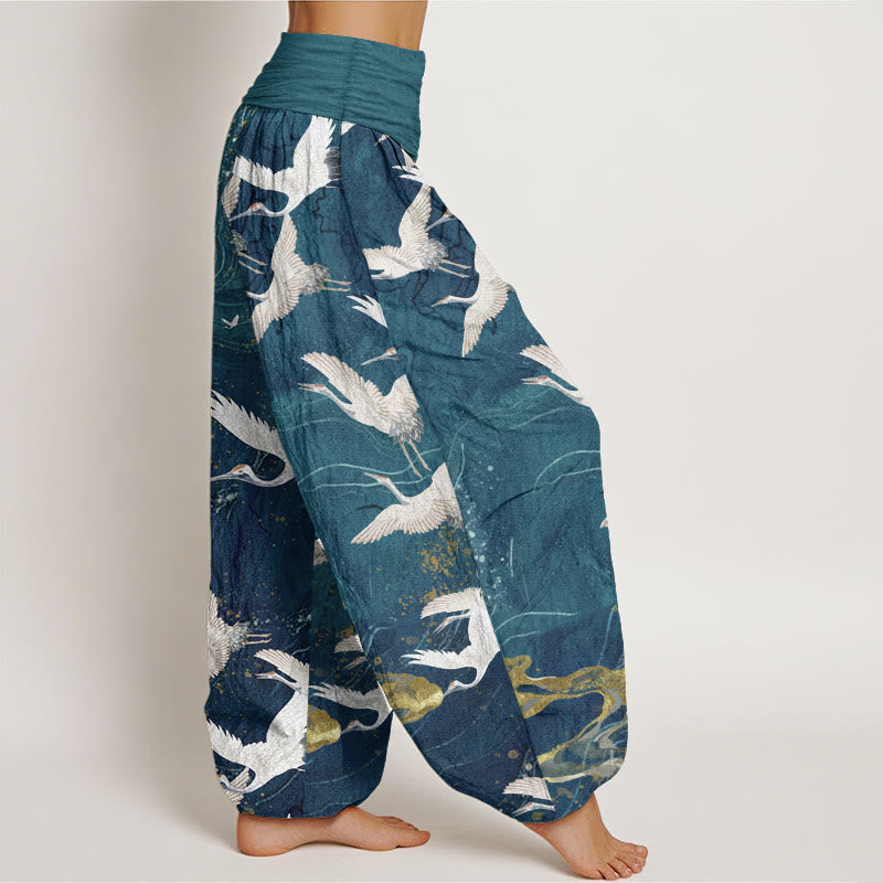 Pantalones Buddha Stones de algodón puro con diseño de grullas blancas voladoras y nubes auspiciosas para mujer, con cintura elástica