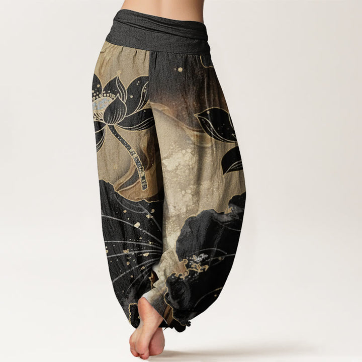 Pantalones Buddha Stones de algodón puro con estampado de pétalos de loto para mujer, informales, con cintura elástica - image 1