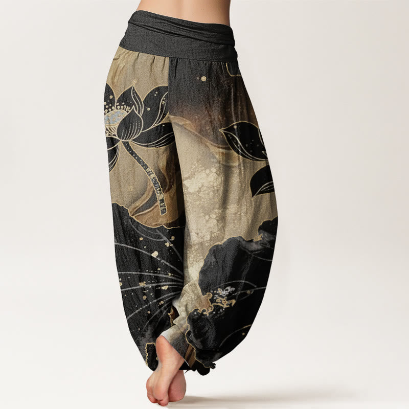 Pantalones Buddha Stones de algodón puro con estampado de pétalos de loto para mujer, informales, con cintura elástica