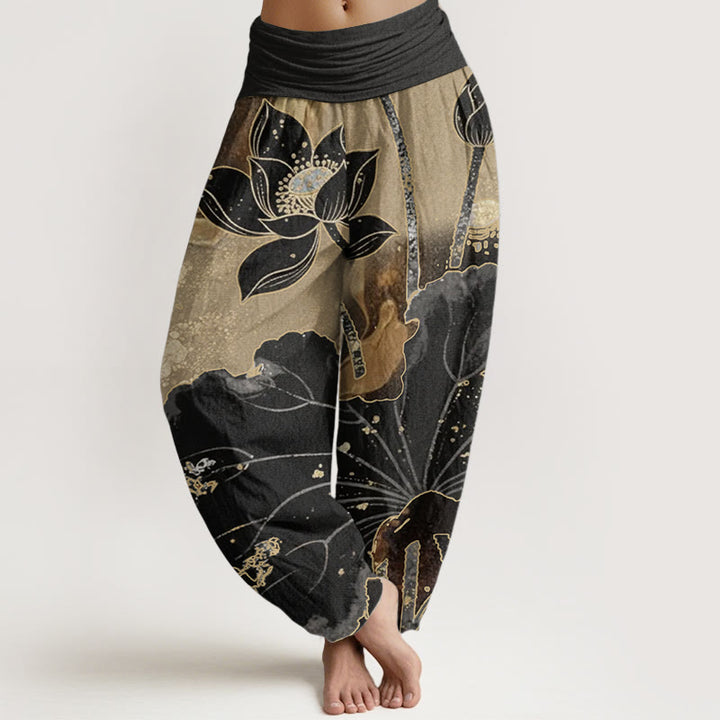 Pantalones Buddha Stones de algodón puro con estampado de pétalos de loto para mujer, informales, con cintura elástica