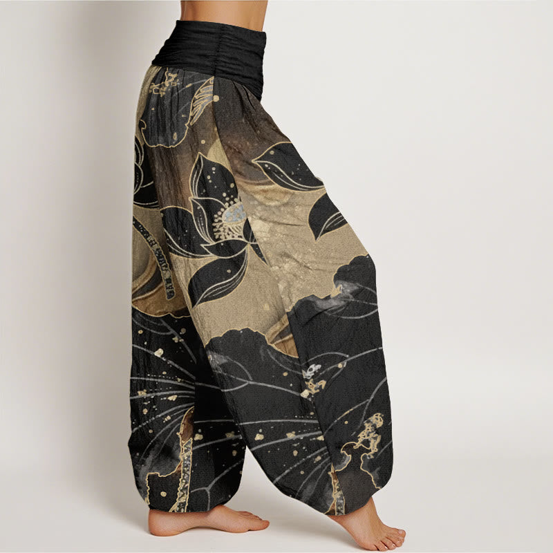 Pantalones Buddha Stones de algodón puro con estampado de pétalos de loto para mujer, informales, con cintura elástica