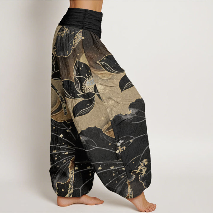 Pantalones Buddha Stones de algodón puro con estampado de pétalos de loto para mujer, informales, con cintura elástica
