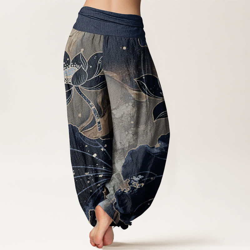 Pantalones Buddha Stones de algodón puro con estampado de pétalos de loto para mujer, informales, con cintura elástica
