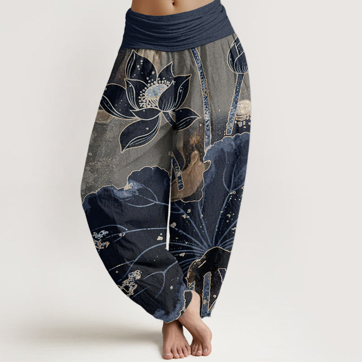 Pantalones Buddha Stones de algodón puro con estampado de pétalos de loto para mujer, informales, con cintura elástica