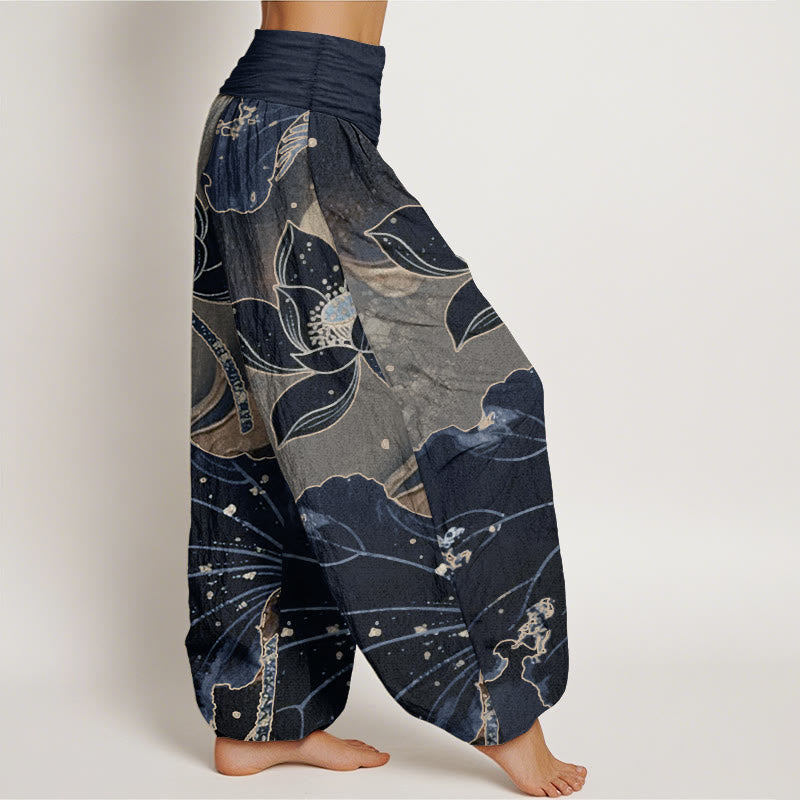 Pantalones Buddha Stones de algodón puro con estampado de pétalos de loto para mujer, informales, con cintura elástica