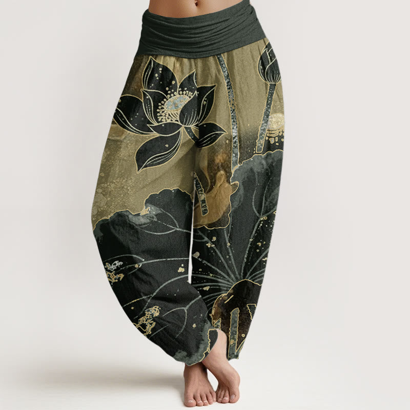 Pantalones Buddha Stones de algodón puro con estampado de pétalos de loto para mujer, informales, con cintura elástica - Verde oliva oscuro - US22，UK/AU26，EU54 (6XL) - image 6