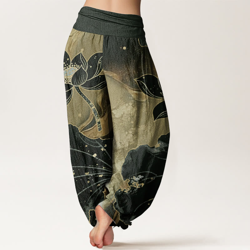 Pantalones Buddha Stones de algodón puro con estampado de pétalos de loto para mujer, informales, con cintura elástica