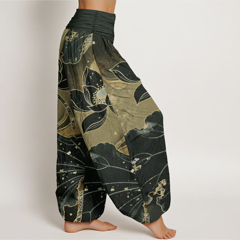 Pantalones Buddha Stones de algodón puro con estampado de pétalos de loto para mujer, informales, con cintura elástica