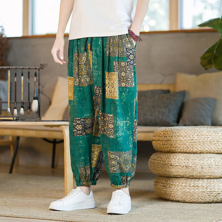 Pantalones harén de lino y algodón con diseño de patchwork cuadrado de verano Buddha Stones para hombre, hasta el tobillo, con bolsillos - Aguamarina mediana - US/UK/AU46, EU56 (5XL) - image 18
