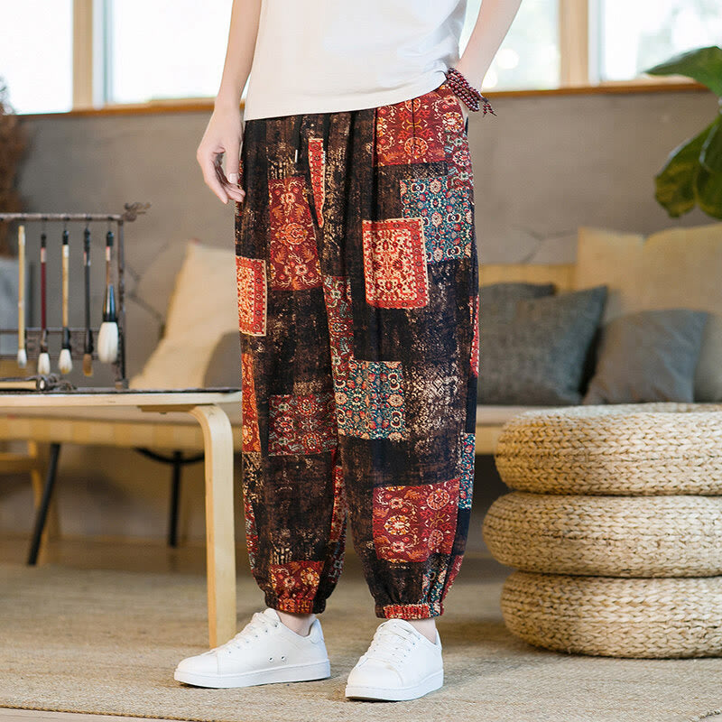 Pantalones harén de lino y algodón con diseño de patchwork cuadrado de verano Buddha Stones para hombre, hasta el tobillo, con bolsillos - RosyBrown - US/UK/AU46, EU56 (5XL) - image 0