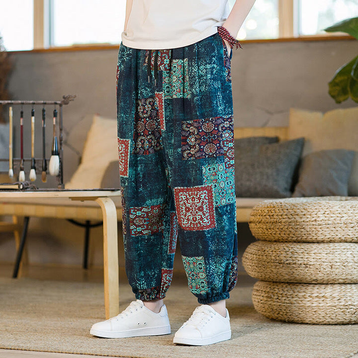 Pantalones harén de lino y algodón con diseño de patchwork cuadrado de verano Buddha Stones para hombre, hasta el tobillo, con bolsillos - Azul acero - US/UK/AU46, EU56 (5XL) - image 31