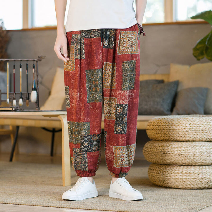 Pantalones harén de lino y algodón con diseño de patchwork cuadrado de verano Buddha Stones para hombre, hasta el tobillo, con bolsillos - image 10