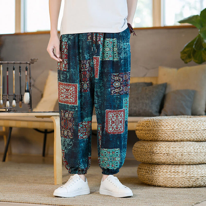 Pantalones harén de lino y algodón con diseño de patchwork cuadrado de verano Buddha Stones para hombre, hasta el tobillo, con bolsillos - image 32