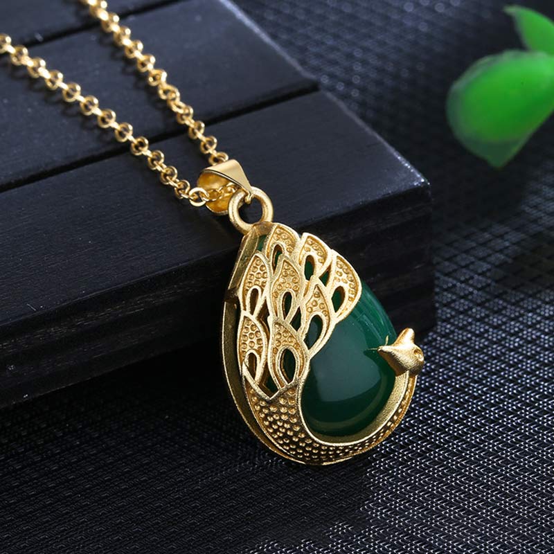 Colgante de collar de amor calmante de cobre de pavo real de Calcedonia Verde de cristal rosa