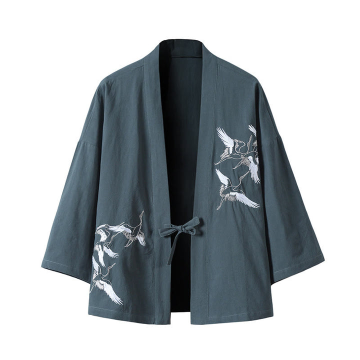 Chaqueta tipo kimono para hombre, de lino y algodón, con bordado de Buddha Stones y grullas blancas voladoras. - Cadete Azul - US/UK/AU46, EU56 (5XL) - image 0