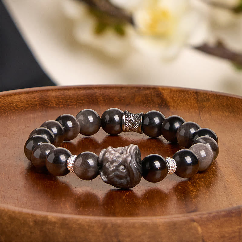 Pulsera protectora de obsidiana con brillo de plata natural y Buddha Stones para danza del león