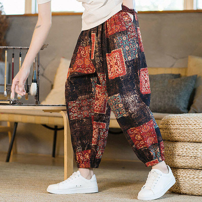 Pantalones harén de lino y algodón con diseño de patchwork cuadrado de verano Buddha Stones para hombre, hasta el tobillo, con bolsillos - image 5