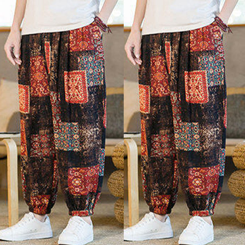 Pantalones harem para hombre hasta el tobillo con bolsillos, estampado de patchwork cuadrado y Buddha Stones para el verano. - image 8