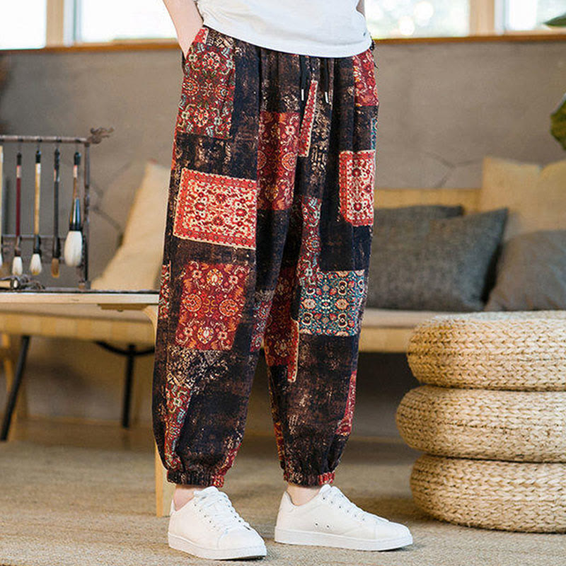 Pantalones harén de lino y algodón con diseño de patchwork cuadrado de verano Buddha Stones para hombre, hasta el tobillo, con bolsillos - image 4