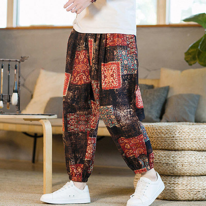 Pantalones harén de lino y algodón con diseño de patchwork cuadrado de verano Buddha Stones para hombre, hasta el tobillo, con bolsillos - image 2