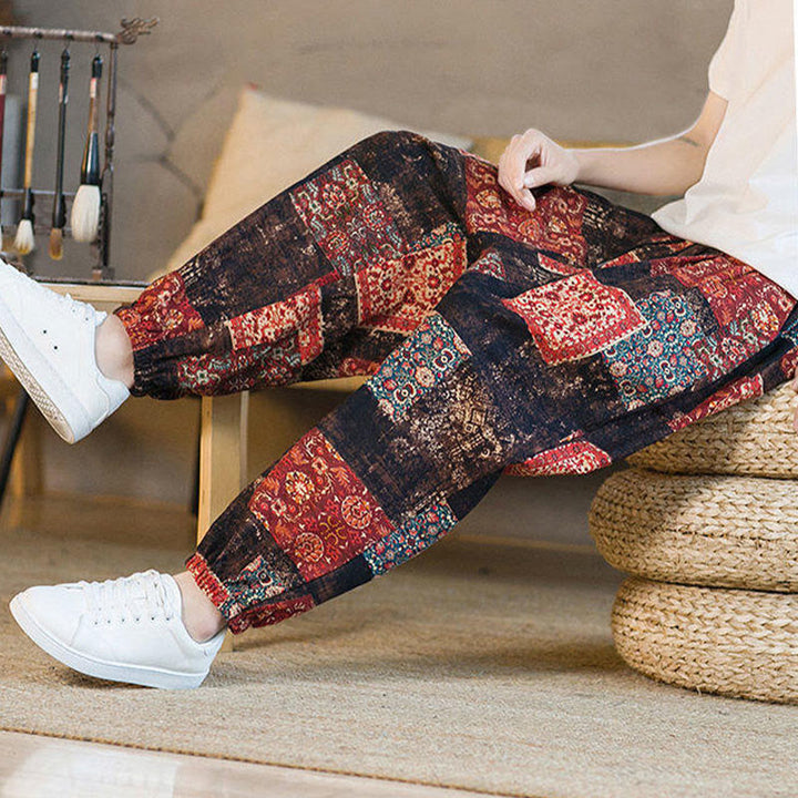 Pantalones harén de lino y algodón con diseño de patchwork cuadrado de verano Buddha Stones para hombre, hasta el tobillo, con bolsillos - image 6