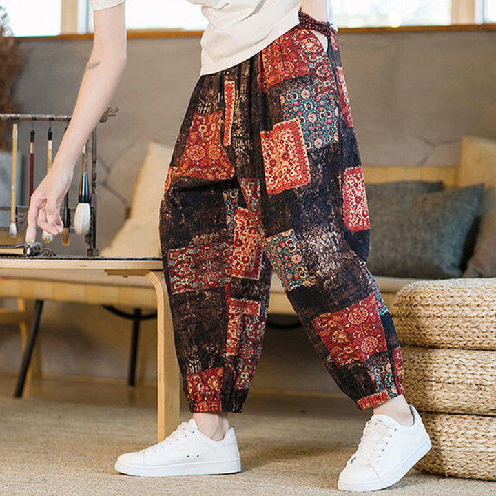 Pantalones harén de lino y algodón con diseño de patchwork cuadrado de verano Buddha Stones para hombre, hasta el tobillo, con bolsillos - image 5
