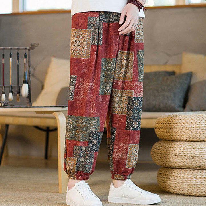 Pantalones harem para hombre hasta el tobillo con bolsillos, estampado de patchwork cuadrado y Buddha Stones para el verano. - image 12