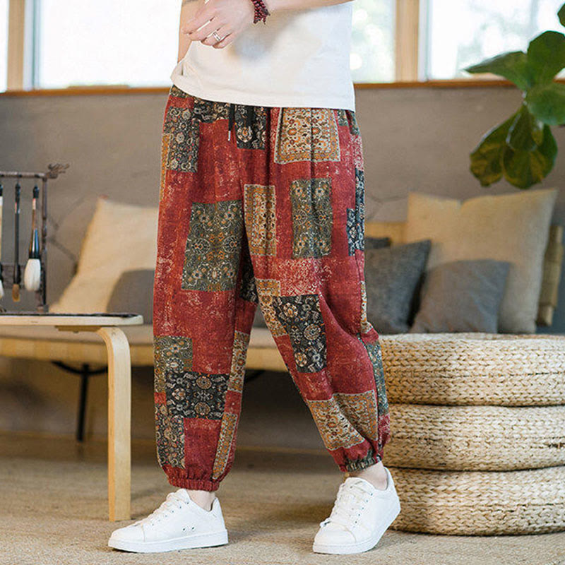 Pantalones harén de lino y algodón con diseño de patchwork cuadrado de verano Buddha Stones para hombre, hasta el tobillo, con bolsillos - image 11