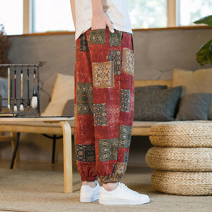 Pantalones harén de lino y algodón con diseño de patchwork cuadrado de verano Buddha Stones para hombre, hasta el tobillo, con bolsillos - image 13