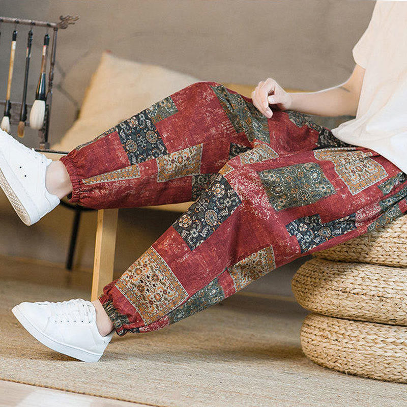 Pantalones harén de lino y algodón con diseño de patchwork cuadrado de verano Buddha Stones para hombre, hasta el tobillo, con bolsillos - image 16
